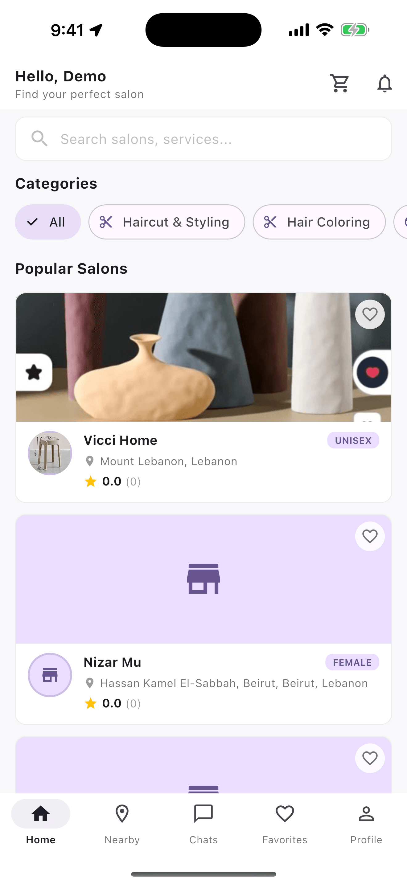 Vicci Booking app showing salon discovery home screen
