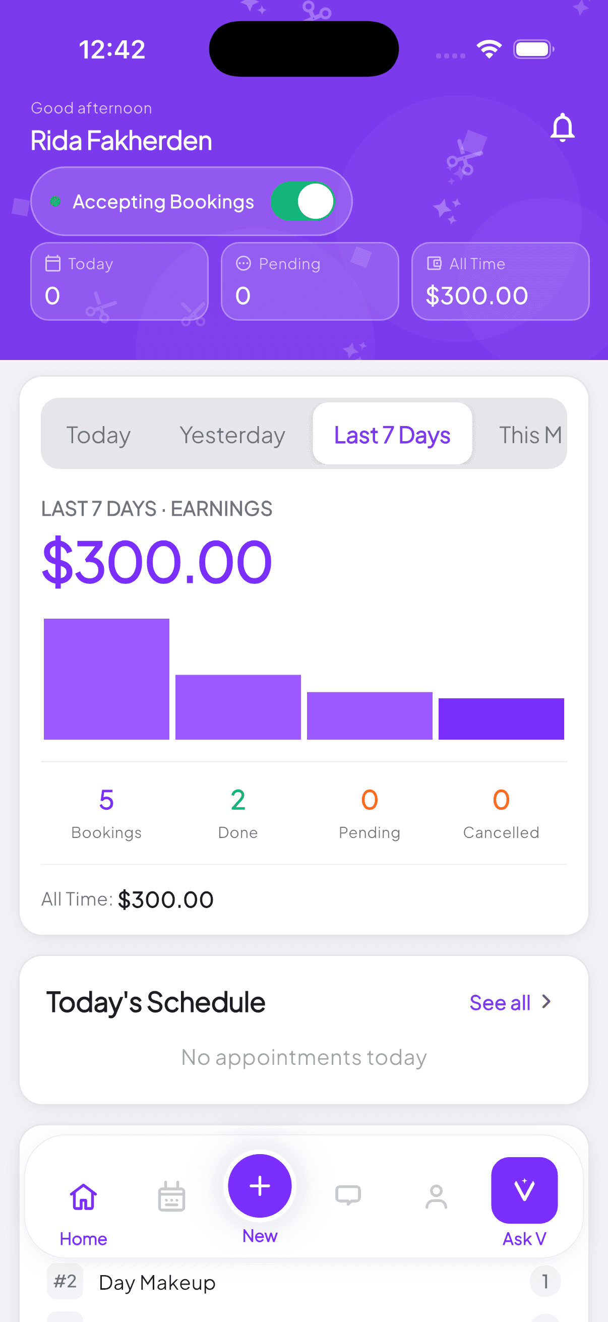 Vicci Business app showing salon dashboard with earnings