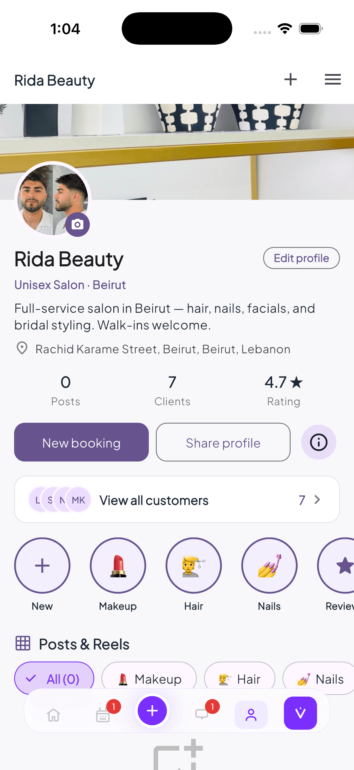 Salon profile page in Vicci Business